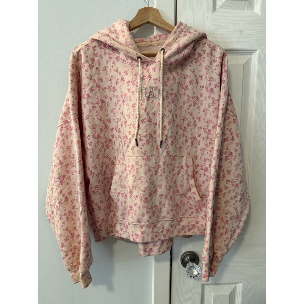 Gap X Loveshackfancy Pink Floral Hoodie Sz L Cropped Logo Fall College Feminine